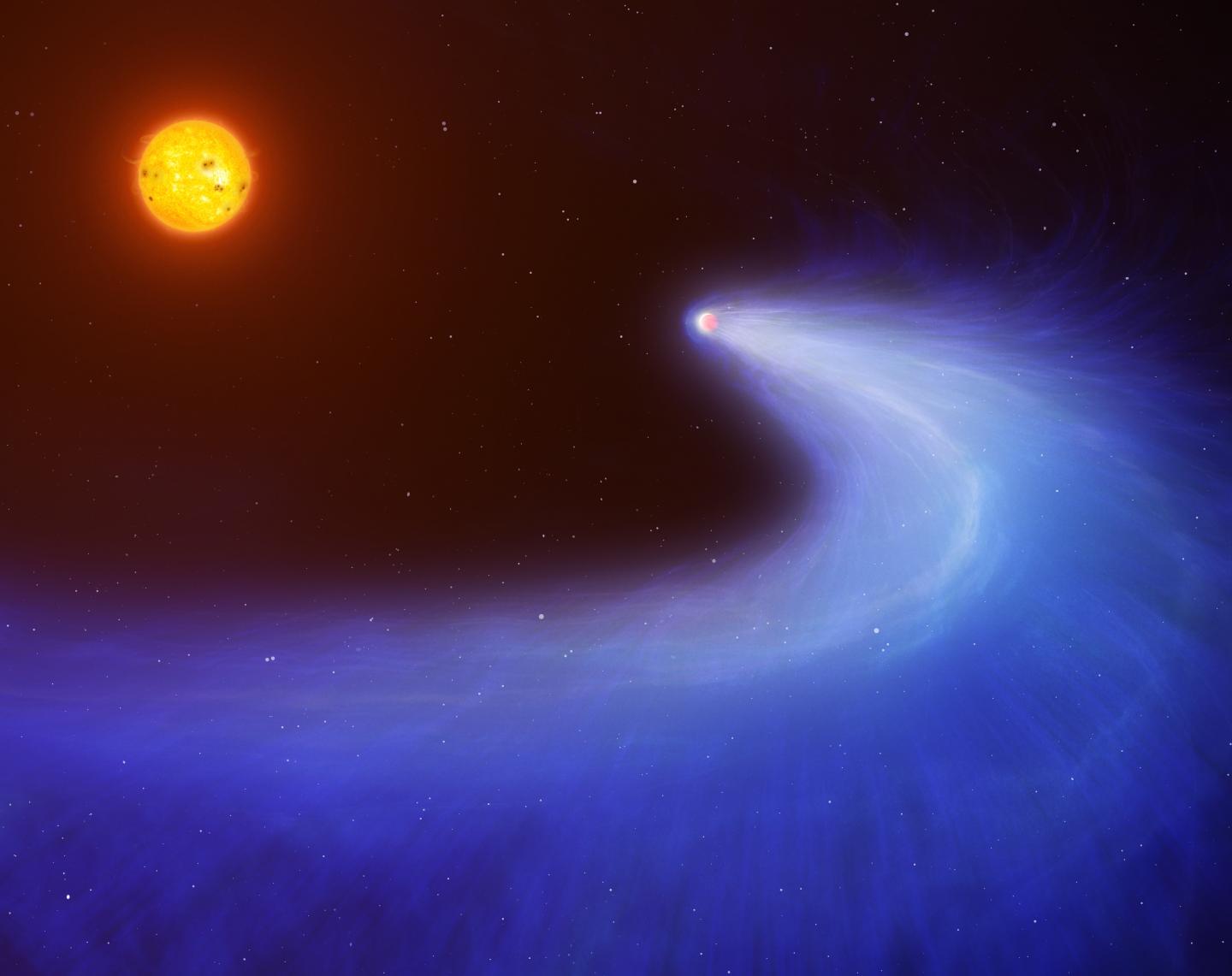 Giant planet with a comet-like tail orbiting its sun